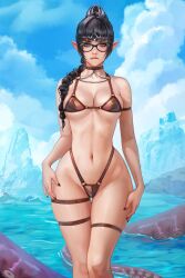 Rule 34 | 1girl, baldur&#039;s gate, baldur&#039;s gate 3, black-framed eyewear, black hair, black nails, breasts, chain, cleavage, closed mouth, cloud, collarbone, diadem, dungeons &amp; dragons, feet out of frame, glasses, green eyes, groin, hair over shoulder, highres, large breasts, lingerie, long hair, looking at viewer, mountain, nail polish, navel, outdoors, ponytail, prywinko, shadowheart (baldur&#039;s gate), shiny skin, skindentation, smile, solo, standing, tentacles, underwear, water