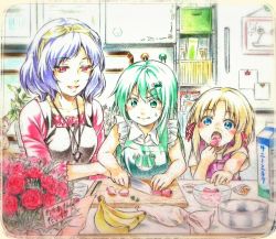 Rule 34 | 3girls, :d, aged down, animal print, apron, banana, bare arms, bare shoulders, blonde hair, blue eyes, blue hair, blush, book, bookshelf, bottle, bouquet, bowl, box, closed mouth, collarbone, cream puff, cutting board, dress, eating, eyebrows, flower, food, frog hair ornament, frog print, fruit, green eyes, green hair, hair ornament, hair ribbon, hairband, hairclip, indoors, jewelry, kitchen, knife, kochiya sanae, long hair, milk, milk bottle, milk carton, moriya suwako, mother&#039;s day, multiple girls, necklace, nora wanko, open mouth, outstretched arms, painting (object), paper, parted bangs, pendant, picture frame, pin, pinafore dress, purple dress, pyonta, red eyes, red flower, red ribbon, red rose, refrigerator, ribbon, rose, shirt, short hair, short sleeves, sign, sleeveless, sleeveless dress, sleeveless shirt, smile, strawberry, stuffed animal, stuffed toy, sweat, table, tareme, teaching, text focus, touhou, window, wing collar, yasaka kanako, yellow ribbon
