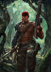 Rule 34 | 1boy, abs, ammunition belt, artificial eye, bandana, belt, belt buckle, buckle, colonel &quot;iron hand&quot; straken, commentary, commission, cyborg, dual wielding, english commentary, forest, glowing, glowing eye, gun, highres, holding, holding gun, holding sword, holding weapon, holster, holstered, male focus, manly, mechanical arms, mechanical eye, muscular, muscular male, nature, parody, rambo, red bandana, rifle, scouter, sgt lonely, shotgun, shotgun shell, single mechanical arm, skull ornament, solo, sword, thigh holster, topless male, warhammer 40k, weapon