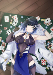 Rule 34 | 1girl, absurdres, ace (playing card), ace of diamonds, ace of spades, arm up, armpits, asymmetrical gloves, bare shoulders, black gloves, blue hair, breasts, card, cleavage, commentary, cowboy shot, diamond (shape), dice, elbow gloves, fur-trimmed jacket, fur trim, genshin impact, gloves, green eyes, grin, hand up, highres, holding, holding dice, jacket, kitsun8, large breasts, looking at viewer, lying, mismatched gloves, on back, parted lips, playing card, poker chip, short hair, sleeveless, smile, solo, spade (shape), white gloves, white jacket, yelan (genshin impact)