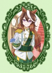 Rule 34 | 1girl, animal ears, breasts, brown hair, buttons, cinderella, closed mouth, desuchi, double-breasted, epaulettes, glass slipper, gloves, green pants, hand on own hip, highres, horse ears, horse girl, horse tail, jacket, long hair, long sleeves, medium breasts, multicolored hair, pants, purple eyes, smile, solo, sparkle, standing, symboli rudolf (umamusume), tail, umamusume, upper body, white gloves, white jacket