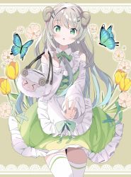 Rule 34 | :o, animal, animal bag, bag, bare shoulders, blush, bow, brown background, bug, butterfly, collared shirt, commentary request, curled horns, detached sleeves, dress, flower, frilled dress, frills, green bow, green eyes, grey hair, hair ornament, hairclip, highres, holding, holding bag, horns, insect, long sleeves, looking at viewer, original, outstretched arm, parted lips, puffy long sleeves, puffy sleeves, sheep horns, shirt, sleeveless, sleeveless dress, solo, tantan men (dragon), thighhighs, tulip, v, white flower, white sleeves, white thighhighs, yellow flower