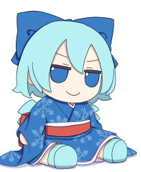 Rule 34 | 1girl, absurdres, blue bow, blue eyes, blue footwear, blue hair, blue kimono, bow, cirno, closed mouth, fairy, fumo (doll), hair between eyes, hair bow, highres, ice, ice wings, japanese clothes, kame (kamepan44231), kimono, long sleeves, obi, sash, shoes, short hair, simple background, smile, solo, touhou, white background, wide sleeves, wings