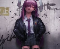 Rule 34 | 1girl, absurdres, against wall, alternate costume, animal ears, asymmetrical bangs, black jacket, black skirt, black thighhighs, blouse, bullet hole, collared shirt, commentary request, cowboy shot, crack, cracked wall, damaged, earrings, extra ears, hair over one eye, half-closed eye, hands in pockets, hatena (nazequestion), highres, jacket, jewelry, long hair, long sleeves, looking down, medal, miniskirt, necktie, one eye covered, open mouth, pink eyes, plaid, plaid skirt, pleated skirt, purple hair, purple necktie, rabbit ears, reisen udongein inaba, shirt, skirt, solo, standing, star (symbol), straight hair, thighhighs, touhou, very long hair, white shirt, wing collar, zettai ryouiki