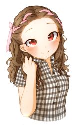 Rule 34 | blush, braid, breasts, brown hair, buttons, checkered clothes, checkered shirt, commentary request, eyebrows, forehead, grey shirt, hair ribbon, hand up, highres, idolmaster, idolmaster cinderella girls, looking at viewer, medium breasts, medium hair, mugenhouyou, pink ribbon, playing with own hair, red eyes, ribbon, seki hiromi, shirt, short sleeves, smile, solo, unbuttoned, unbuttoned shirt, upper body, wavy hair, white background