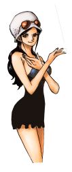 Rule 34 | 1girl, breasts, dress, female focus, hat, nico robin, nico robin (dressrosa), oda eiichirou, one piece, simple background, solo, standing, tagme, third-party edit, white background