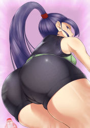 Rule 34 | 1girl, absurdres, ass, bare shoulders, breasts, dragon quest, dragon quest xi, from behind, from below, highres, hip attack, huge ass, long hair, looking at viewer, looking down, martina (dq11), ponytail, purple eyes, purple hair, shiny clothes, shiny skin, short shorts, shorts, sideboob, very long hair