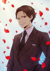 Rule 34 | 1boy, arm at side, black necktie, breast pocket, brown hair, brown jacket, brown suit, brown vest, buttons, closed mouth, collared shirt, commentary request, dress shirt, formal, gradient background, gradient eyes, highres, jacket, joker game, kingyo (984), lapels, blue background, long sleeves, looking at viewer, looking down, male focus, miyoshi (joker game), multicolored eyes, necktie, orange eyes, petals, pocket, shirt, short hair, solo, sparkle, suit, suit jacket, upper body, vest, waistcoat, white background, white shirt
