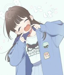 Rule 34 | 1girl, :d, airi (band) (blue archive), airi (blue archive), badge, blue archive, blue background, blue jacket, blush, brown hair, button badge, chitosetonbo, closed eyes, cowboy shot, dot nose, facing viewer, fingers to mouth, highres, index finger raised, jacket, long bangs, long sleeves, open clothes, open jacket, open mouth, pleated skirt, print shirt, shirt, simple background, skirt, smile, solo, twitter username, white shirt, white skirt