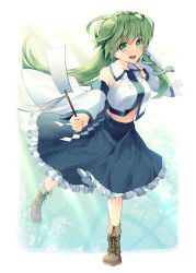 Rule 34 | 1girl, absurdres, blue skirt, boots, border, brown footwear, collared shirt, commentary request, detached sleeves, frilled skirt, frills, frog hair ornament, full body, gohei, gradient background, green eyes, green hair, hair ornament, highres, holding, japanese clothes, jewelry, kaede (mmkeyy), kochiya sanae, light rays, long hair, looking at viewer, navel, necklace, nontraditional miko, open mouth, shirt, skirt, smile, snake hair ornament, solo, standing, standing on one leg, touhou, white border, white shirt, wide sleeves
