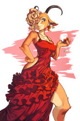 Rule 34 | 1girl, alcohol, alternate breast size, antlers, backless dress, backless outfit, bare legs, blonde hair, bra strap, breasts, cleavage, collarbone, covered erect nipples, cup, disney, dress, drinking glass, earrings, eureka brider, eyeshadow, frilled dress, frills, furry, furry female, gazelle (zootopia), hair over one eye, hand on own hip, highres, horns, jewelry, large breasts, looking at viewer, makeup, narrow waist, red dress, short hair, side slit, smile, snout, solo, strap slip, wine, wine glass, zootopia