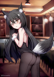 Rule 34 | 1girl, animal ear fluff, animal ears, ass, bare shoulders, black hair, black leotard, blush, breasts, brown eyes, brown pantyhose, chrisandita, collar, commentary, detached collar, english commentary, fishnet pantyhose, fishnets, fox ears, fox girl, fox hair ornament, fox tail, hair between eyes, hair ornament, hairclip, highres, indoors, leotard, long hair, looking at viewer, looking to the side, original, pantyhose, small breasts, solo, standing, strapless, strapless leotard, tail, twitter username, very long hair, white collar, wrist cuffs