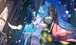 Rule 34 | 1girl, bamboo broom, bird, broom, chinese clothes, clock, clock tower, cloud, cloudy sky, commentary, day, feathers, flower, gate, hat, hong meiling, long hair, looking at viewer, outdoors, petals, red hair, revision, ryosios, scarlet devil mansion, sky, solo, statue, touhou, tower, tree, very long hair