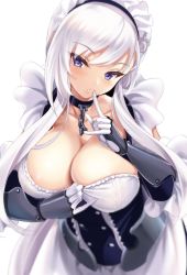 Rule 34 | 1girl, azur lane, bare shoulders, belfast (azur lane), black corset, black gloves, blush, breasts, chain, choker, cle masahiro, cleavage, collarbone, corset, dress, elbow gloves, finger to mouth, focused, from above, gauntlets, gloves, highres, large breasts, long hair, looking at viewer, maid headdress, purple eyes, simple background, solo, white background, white dress, white gloves, white hair