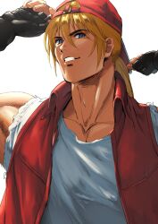 Rule 34 | beniazumaru, black gloves, blonde hair, blue eyes, fatal fury, fingerless gloves, gloves, hat, highres, long hair, looking at viewer, male focus, muscular, ponytail, red hat, red vest, shirt, simple background, terry bogard, the king of fighters, torn clothes, torn shirt, upper body, vest, white background, white shirt