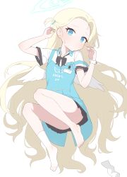 Rule 34 | 1girl, absurdres, apron, barefoot, black skirt, blonde hair, blue apron, blue archive, blue eyes, blush, bracelet, closed mouth, collared shirt, forehead, hagoonha, hair behind ear, halo, hands up, highres, jewelry, legs apart, looking at viewer, microskirt, name tag, one side up, parted bangs, pleated skirt, shirt, short sleeves, simple background, single sock, skirt, socks, unworn socks, solo, sora (blue archive), strap slip, sweatdrop, thighs, toes, white background, white shirt, white socks