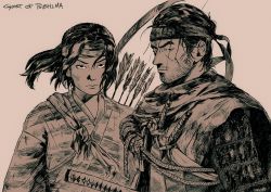 Rule 34 | 1boy, 1girl, armor, arrow (projectile), bow (weapon), cape, copyright name, facial hair, fune (nkjrs12), ghost of tsushima, haori, headband, holstered, japanese armor, japanese clothes, kote, kunai, looking at viewer, medium hair, messy hair, mole, mole under eye, monochrome, ninja, parted bangs, ponytail, sakai jin, sheath, sheathed, short hair, simple background, stubble, sword, upper body, v-shaped eyebrows, weapon, weapon on back, yuna (ghost of tsushima)