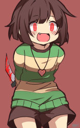 Rule 34 | :d, androgynous, big cat shan, blood, bloody knife, bloody weapon, blush, brown hair, chara (undertale), crazy eyes, fang, gender request, heart, heart necklace, holding, holding behind back, jewelry, knife, necklace, open mouth, pendant, red background, red eyes, shirt, shorts, simple background, smile, solo, spoilers, standing, striped clothes, striped shirt, undertale, weapon