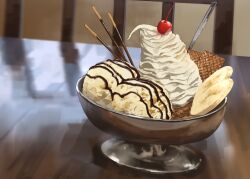 Rule 34 | banana, chair, cherry, chocolate syrup, dessert, food, food focus, fruit, hakuurei amano, highres, ice cream, indoors, original, table, wafer stick, whipped cream, wooden table