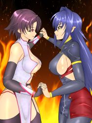 Rule 34 | 2girls, absurdres, annerose vajra, breasts, fire, highres, koutetsu no majo anneroze, large breasts, lee mayfeng, long hair, multiple girls