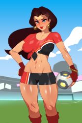 Rule 34 | 1girl, absurdres, adapted costume, ball, black shirt, black shorts, blue sky, blush, breasts, brown hair, cloud, combos &amp; doodles, day, donkey kong (series), earrings, fingerless gloves, gloves, grass, green eyes, hand on own hip, highres, holding, holding ball, jewelry, large breasts, long hair, mario (series), mario strikers: battle league, navel, nintendo, official alternate costume, outdoors, pauline (mario), red gloves, red lips, red shirt, red shorts, shiny skin, shirt, short shorts, short sleeves, shorts, sky, soccer field, solo, tied shirt, two-tone shirt, two-tone shorts