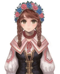 Rule 34 | 1girl, bad id, bad pixiv id, braid, braided bangs, brown eyes, corset, expressionless, eyelashes, flower, freckles, isakawa megumi, jewelry, lips, looking at viewer, multiple braids, necklace, red hair, simple background, solo, twin braids, white background, wreath
