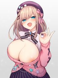Rule 34 | 1girl, :d, absurdres, blue eyes, blush, bow, breasts, brooch, brown hair, cardigan, center frills, cleavage, frills, hair bow, hair ornament, hat pin, highres, jewelry, large breasts, long sleeves, looking at viewer, medium hair, nijisanji, nipple slip, nipples, no bra, ok sign, open mouth, pink bow, pink cardigan, shirt, simple background, skirt, smile, solo, striped bow, striped clothes, striped skirt, suzuhara lulu, upper body, vertical-striped clothes, vertical-striped skirt, virtual youtuber, waero, white shirt, x hair ornament