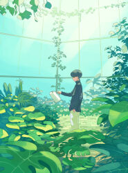 Rule 34 | 1boy, black sweater, brick floor, from side, greenhouse, hand in pocket, highres, holding, holding watering can, leaf, male focus, original, pants, plant, profile, ribbed sweater, short hair, solo, standing, sunlight, sweater, taizo (taizo 03), turtleneck, turtleneck sweater, vines, watering, watering can