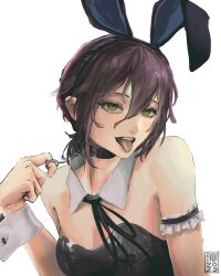Rule 34 | 1girl, animal ears, armband, black hair, black leotard, black ribbon, chainsaw man, dated, detached collar, fake animal ears, frilled armband, frills, hair between eyes, highres, leotard, looking at viewer, neck ribbon, open mouth, playboy bunny, rabbit ears, reze (chainsaw man), ribbon, short hair, simple background, smile, solo, strapless, strapless leotard, taorotana, tongue, tongue out, white background, wrist cuffs