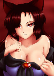 Rule 34 | 1girl, animal ears, bare shoulders, breasts, brooch, cleavage, collarbone, come hither, dress, dress shirt, imaizumi kagerou, jewelry, large breasts, long hair, looking at viewer, mazume, off shoulder, red eyes, shirt, smile, solo, touhou, wolf ears