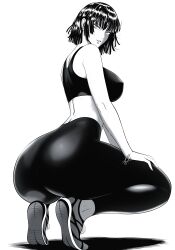 absurdres ass back black_hair black_leggings black_sports_bra blunt_bangs breasts eyebrows_hidden_by_hair from_side fubuki_(one-punch_man) full_body greyscale highres hime_cut huge_ass large_breasts leggings looking_at_viewer monochrome mostlybluewyatt one-punch_man parted_lips partially_shaded_face shadow shoes short_hair simple_background sneakers sports_bra sportswear squatting sweat thighs white_background