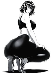 Rule 34 | absurdres, ass, back, black hair, black leggings, black sports bra, blunt bangs, breasts, eyebrows hidden by hair, from side, fubuki (one-punch man), full body, greyscale, highres, hime cut, huge ass, large breasts, leggings, looking at viewer, monochrome, mostlybluewyatt, one-punch man, parted lips, partially shaded face, shadow, shoes, short hair, simple background, sneakers, sports bra, sportswear, squatting, sweat, thighs, white background