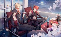 Rule 34 | 1girl, 2boys, alcohol, blonde hair, bottle, choker, clothing cutout, cup, drinking glass, fingerless gloves, food, food fantasy, formal, gingerbread (food fantasy), glass, gloves, highres, holding, holding cup, horns, long hair, multiple boys, navel cutout, pointy ears, ponytail, purple hair, red eyes, red hair, red wine (food fantasy), short hair, short ponytail, shoulder pads, sitting, skirt, smile, steak (food fantasy), suit, sword, symbol-shaped pupils, table, weapon, wine bottle, wine glass