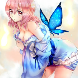 Rule 34 | 1girl, arm garter, ass, bare shoulders, blue dress, blue sash, blush, breasts, bug, butterfly, cleavage, commentary request, cowboy shot, dress, frills, hair between eyes, hitodama, insect, large breasts, leaning forward, long hair, looking at viewer, nagare, no headwear, off shoulder, parted lips, pink eyes, pink hair, ribbon trim, saigyouji yuyuko, sash, short dress, solo, standing, thighs, touhou