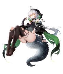 Rule 34 | 1girl, absurdres, ahoge, arknights, ass, bare shoulders, black panties, black thighhighs, braid, breasts, commentary, crocodilian tail, english commentary, feet, floating hair, full body, gloves, goggles, goggles around neck, hand up, highres, hood, hood up, large tail, legs, legs together, long hair, looking at viewer, medium breasts, panties, partially fingerless gloves, pointy ears, qiaoyiqiao kanyikanla zouguoluguobuyaocuoguo, sidelocks, silver hair, simple background, solo, tail, thighhighs, thighs, tomimi (arknights), torn clothes, torn thighhighs, underwear, waist cutout, white background