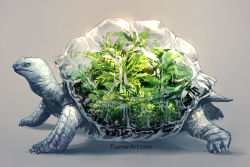 Rule 34 | animal focus, artist name, closed mouth, commentary, english commentary, from side, glass, glint, gradient background, green eyes, grey background, highres, leaf, no humans, nostrils, original, plant, plant request, profile, simple background, soil, terrarium, tortoise, turtle, watermark, web address, yuumei