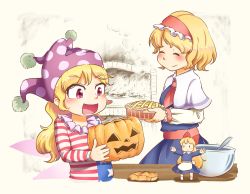Rule 34 | 2girls, :d, alice margatroid, american flag dress, apron, blonde hair, blue dress, bow, bowl, brick oven, calcmis gowa, capelet, closed eyes, clownpiece, commentary request, dress, fire, food, hair bow, hairband, hat, holding, holding food, jack-o&#039;-lantern, jester cap, lolita hairband, long hair, long sleeves, looking to the side, multiple girls, neckerchief, open mouth, outstretched arms, oven, pie, polka dot headwear, purple headwear, red eyes, red neckerchief, sash, shanghai doll, short hair, smile, smoke, spread arms, standing, table, touhou, unfinished, upper body, very long hair, waist apron, white capelet, white sleeves