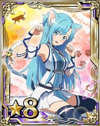 Rule 34 | 10s, 1girl, animal ears, armpits, asuna (sao), asuna (sao-alo), bell, blue eyes, blue hair, blue thighhighs, bow, card (medium), cat, cat ears, cat tail, heart, kneeling, long hair, looking at viewer, matching hair/eyes, open mouth, paw pose, pink bow, solo, striped, striped bow, sword art online, tail, tail bell, tail bow, tail ornament, thighhighs, zettai ryouiki
