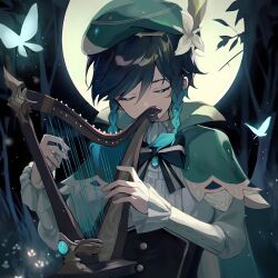 Rule 34 | 1boy, androgynous, aqua hair, black corset, black hair, braid, bug, butterfly, cape, closed eyes, corset, flower, full moon, genshin impact, green cape, green hat, hat, hat flower, highres, holding, holding instrument, insect, instrument, long sleeves, low twin braids, lyre, male focus, moon, multicolored hair, night, night sky, shirt, sky, solo, twin braids, venti (genshin impact), white flower, white shirt, xizuchan6