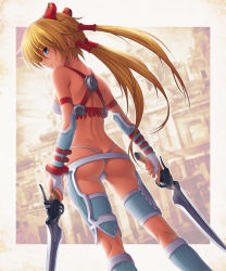 Rule 34 | 1girl, ass, ayumi (x-blades), back, bare shoulders, blonde hair, blue eyes, breasts, bridal gauntlets, butt crack, dual wielding, from behind, gloves, gunblade, hands on own hips, holding, kazuma muramasa, long hair, looking back, panties, solo, sword, tan, thong, tri tails, twintails, underwear, very long hair, weapon, x-blades