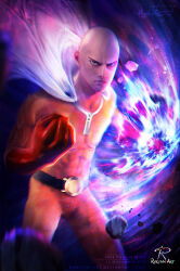 Rule 34 | 1boy, artist name, bald, belt, black belt, black eyes, bodysuit, cape, clenched hands, closed mouth, commentary, dated, english commentary, gloves, looking at viewer, male focus, one-punch man, rakisan-art, realistic, red gloves, saitama (one-punch man), signature, solo, watermark, web address, white cape, yellow bodysuit
