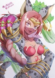 Rule 34 | 1girl, 2022, animal ears, animal hands, artist request, bastemon, breasts, cat, cat ears, cat girl, cat paws, cat tail, claws, dancer, dated, digimon, fang, food, highres, large breasts, long hair, looking at viewer, open mouth, smile, solo, standing, tail, translation request, twitter username, vegetable, very long hair, wide hips
