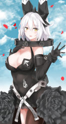 Rule 34 | 1girl, :d, absurdres, black dress, black flower, black gloves, black rose, blue sky, blush, breasts, brown pantyhose, cleavage, cloud, cloudy sky, commentary request, covered navel, cowboy shot, cuffs, day, dress, elbow gloves, elphelt valentine, flower, frills, girls&#039; frontline, glint, gloves, guilty gear, guilty gear xrd, hair between eyes, halter dress, halterneck, hands up, headgear, heart, heart-shaped pupils, highres, jewelry, large breasts, looking at viewer, official alternate costume, open mouth, outdoors, pantyhose, petals, ring, rose, ru zhai, sangvis ferri, shackles, short hair, single leg pantyhose, sky, sleeveless, sleeveless dress, smile, solo, spoilers, standing, symbol-shaped pupils, wedding band, wedding dress, white hair, yellow eyes