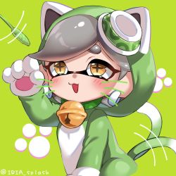 Rule 34 | 1girl, :3, afterimage, animal costume, animal ears, animal hands, animal hood, artist name, bell, blush, cat costume, cat day, cat ears, cat hood, cat tail, cat teaser, collar, commentary request, earrings, green background, green collar, grey hair, hair ornament, hand up, highres, hood, hood up, inkling, iria (yumeirokingyo), jewelry, jingle bell, marie (splatoon), mole, mole under eye, motion lines, neck bell, nintendo, open mouth, paw print, short eyebrows, simple background, sitting, smile, solo, splatoon (series), splatoon 2, swept bangs, symbol-shaped pupils, tail, tail wagging, tentacle hair, thick eyebrows, twitter username, yellow eyes