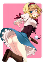 Rule 34 | 1girl, alice margatroid, alternate costume, ass, blonde hair, blue eyes, blush, boots, breasts, corset, cross-laced footwear, cup, female focus, lace-up boots, no panties, open mouth, petticoat, short hair, solo, spilling, tea, teacup, tottoto tomekichi, touhou, tray