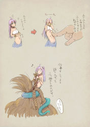 Rule 34 | 1girl, ahoge, arrow (symbol), bad id, bad pixiv id, blush, braid, brown hair, covering face, glint, hairdressing, hands on own face, hands on stomach, head, lamia, long hair, midriff, mini person, minigirl, monster girl, musical note, navel, nucomas, poking, poking belly, ponytail, purple hair, smile, tail, tail wrap, translated