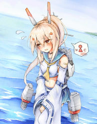 Rule 34 | 1girl, ayanami (azur lane), azur lane, bandaid, bare shoulders, belt, between legs, blonde hair, blue sailor collar, blue skirt, blue sky, blush, breasts, choker, crop top, day, detached sleeves, dutch angle, embarrassed, female focus, flying sweatdrops, hair ornament, hairclip, hand between legs, have to pee, headgear, high ponytail, highres, long hair, midriff, navel, neckerchief, ocean, open mouth, outdoors, own hands together, pleated skirt, ponytail, red eyes, sailor collar, shirt, skirt, sky, small breasts, solo, speech bubble, spoken blush, standing, v arms, watakarashi, water, white shirt, yellow neckerchief