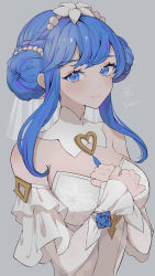 Rule 34 | 1girl, absurdres, bare shoulders, blue eyes, blue hair, breasts, bride, character name, cleavage, crystal rose sona, double bun, dress, flower, hair bun, hands up, heart, highres, large breasts, league of legends, long hair, medium breasts, smile, solo, sona (league of legends), strapless, strapless dress, twintails, upper body, usagi (3828164), veil, wedding dress