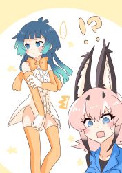 Rule 34 | !?, ..., 1boy, 1girl, ^^^, animal ear fluff, animal ears, aqua hair, bad id, bad twitter id, bare shoulders, black hair, blouse, blue eyes, blue hair, blue vest, blunt bangs, blush, bow, bowtie, caracal (kemono friends), center frills, commentary request, cosplay, costume switch, crossdressing, elbow gloves, embarrassed, frills, frown, gloves, gradient hair, hair between eyes, highres, kemono friends, kemono friends 2, kyururu (kemono friends), life neko72, long hair, looking away, medium hair, multicolored hair, no pants, orange gloves, orange neckwear, orange thighhighs, pink hair, rectangular mouth, shirt, simple background, spoken ellipsis, sweatdrop, thighhighs, traditional bowtie, vest, white shirt
