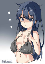 Rule 34 | ..., 10s, 1girl, akatsuki (kancolle), bad id, bad twitter id, bare arms, bare shoulders, black bra, blue eyes, blue hair, bow, bow bra, bra, breasts, closed mouth, collarbone, ebifurya, empty eyes, eyebrows, gradient background, hair between eyes, highres, inactive account, kantai collection, long hair, matching hair/eyes, multicolored background, navel, oversized breast cup, oversized clothes, shaded face, sidelocks, small breasts, solo, stomach, twitter username, two-tone background, underwear, underwear only, upper body